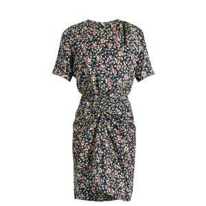 Isabel Marant Dress Rehora Floral Silk Short Sleeve Knot Front Pleat Round 42 L